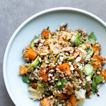 Farro Salad with Butternut Squash, Brussels Sprouts and Leeks | www.floatingkitchen.net