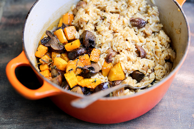 Chestnut, Mushroom and Butternut Squash Baked Risotto | www.floatingkitchen.net