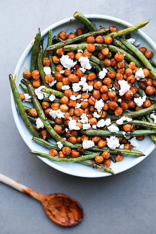 Harissa Green Beans with Spiced Chickpeas and Feta Cheese Floating