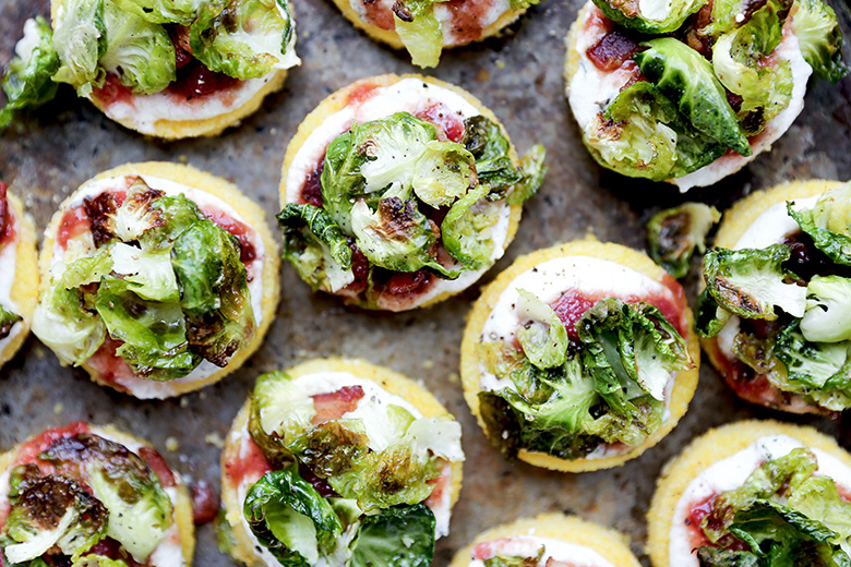 Polenta Bites with Crispy Brussels Sprout Leaves, Ricotta and Chutney | www.floatingkitchen.net