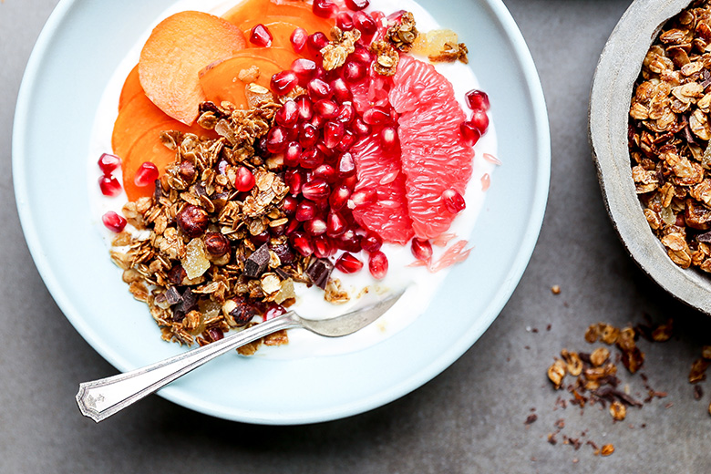 Winter Fruit and Yogurt Breakfast Bowls with Gingerbread Granola