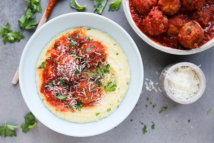 Baked Chicken Parmesan Meatballs with Creamy Polenta | www.floatingkitchen.net