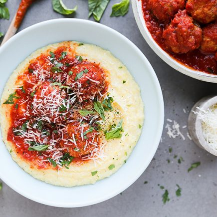 Baked Chicken Parmesan Meatballs with Creamy Polenta | www.floatingkitchen.net