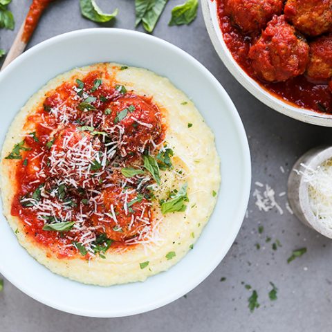 Baked Chicken Parmesan Meatballs with Creamy Polenta-image