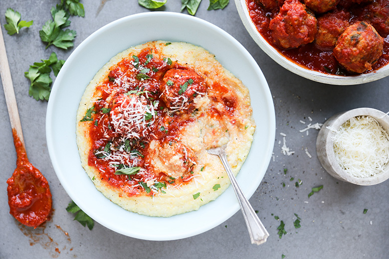 Baked Chicken Parmesan Meatballs with Creamy Polenta | www.floatingkitchen.net