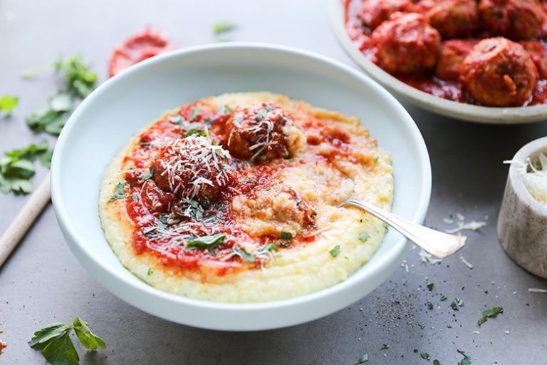 Baked Chicken Parmesan Meatballs with Creamy Polenta Floating Kitchen