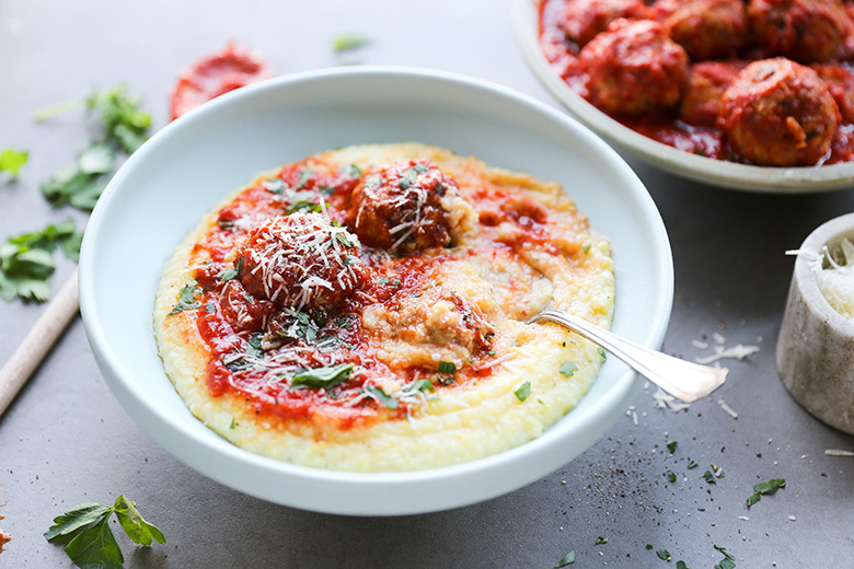 Baked Chicken Parmesan Meatballs with Creamy Polenta | www.floatingkitchen.net