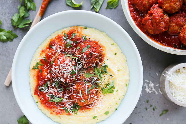 Baked Chicken Parmesan Meatballs with Creamy Polenta | www.floatingkitchen.net