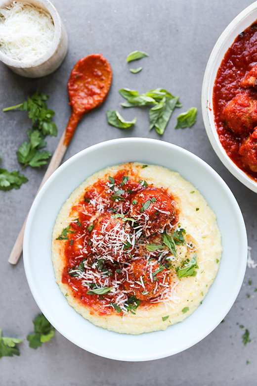 Baked Chicken Parmesan Meatballs with Creamy Polenta | www.floatingkitchen.net