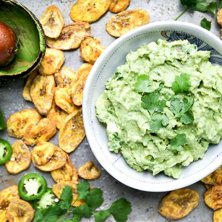 Jalapeño and Goat Cheese Guacamole with Baked Plantain Chips | www.floatingkitchen.net