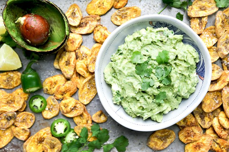 Jalapeño and Goat Cheese Guacamole with Baked Plantain Chips