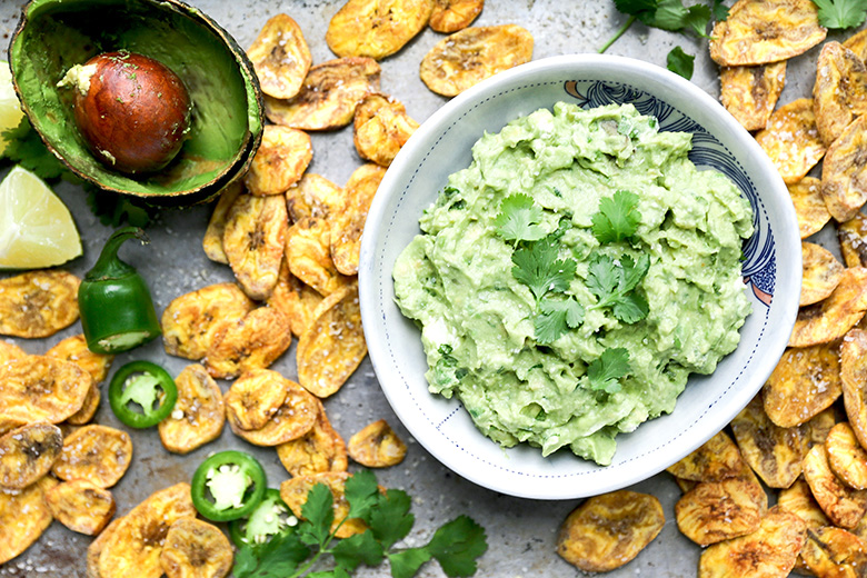 Jalapeño and Goat Cheese Guacamole with Baked Plantain Chips | www.floatingkitchen.net