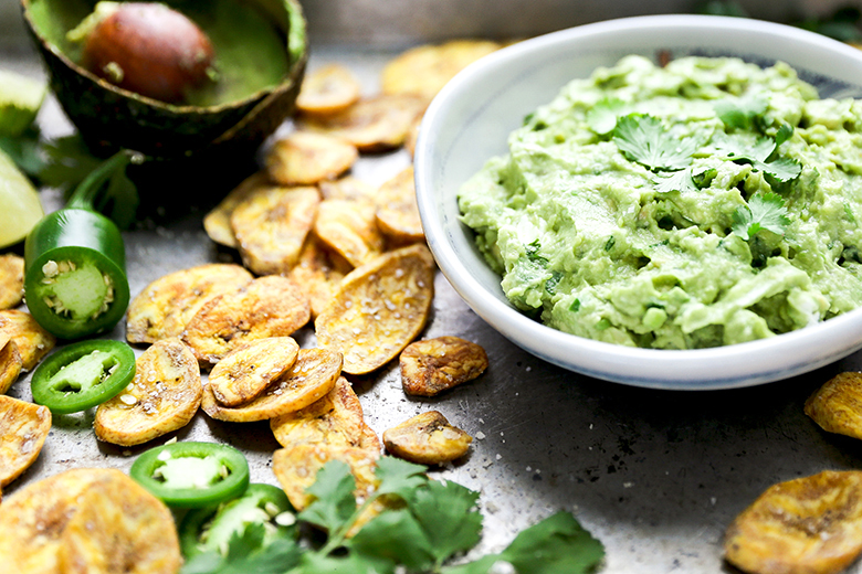 Jalapeño and Goat Cheese Guacamole with Baked Plantain Chips | www.floatingkitchen.net