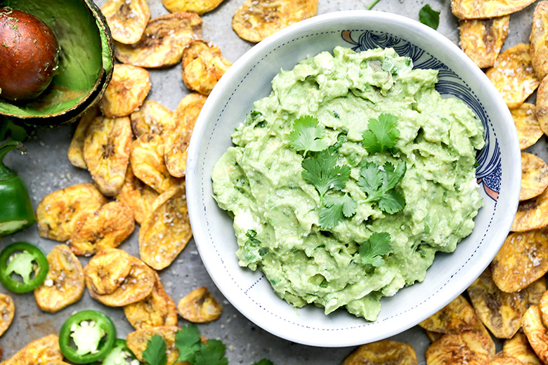 Jalapeño and Goat Cheese Guacamole with Baked Plantain Chips | www.floatingkitchen.net