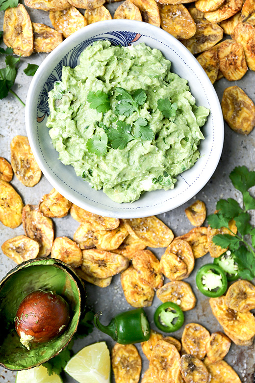 Jalapeño and Goat Cheese Guacamole with Baked Plantain Chips | www.floatingkitchen.net
