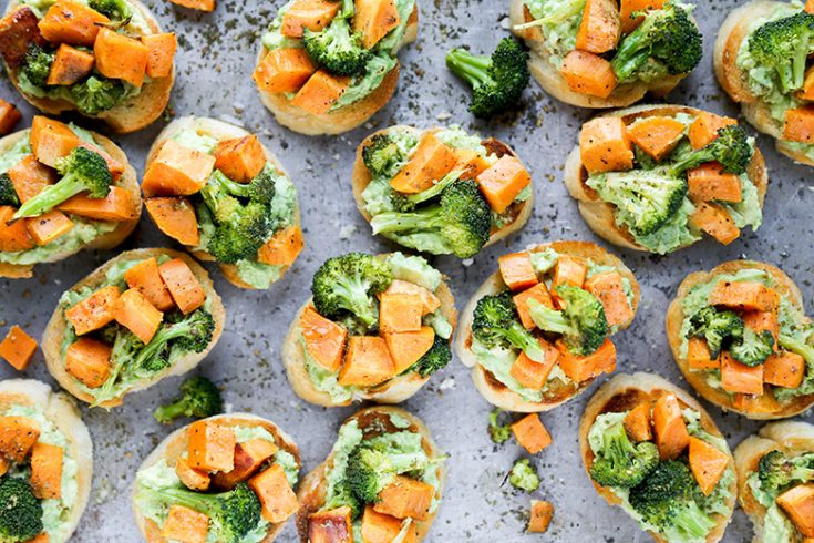 Roasted Sweet Potato and Broccoli Crostini with Avocado and Za’atar