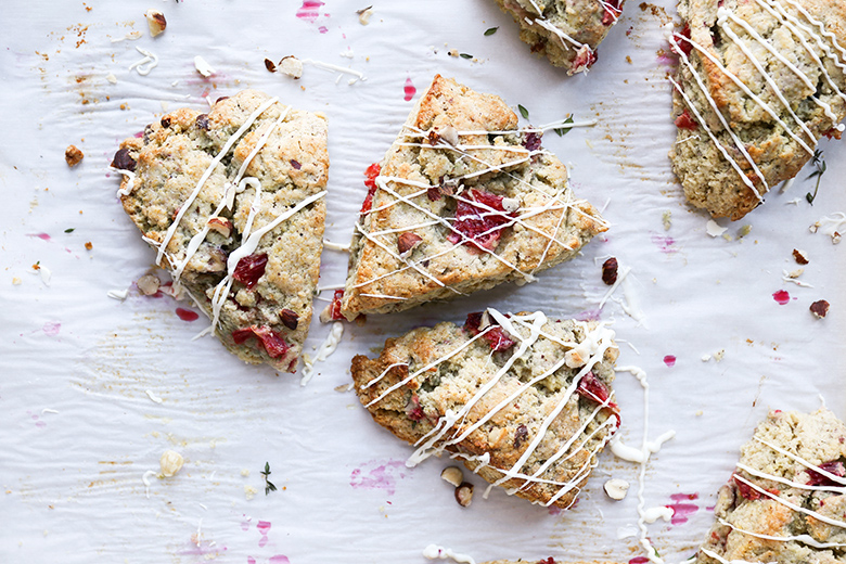 Blood Orange Scones with Hazelnuts, Thyme and White Chocolate Drizzle | www.floatingkitchen.net