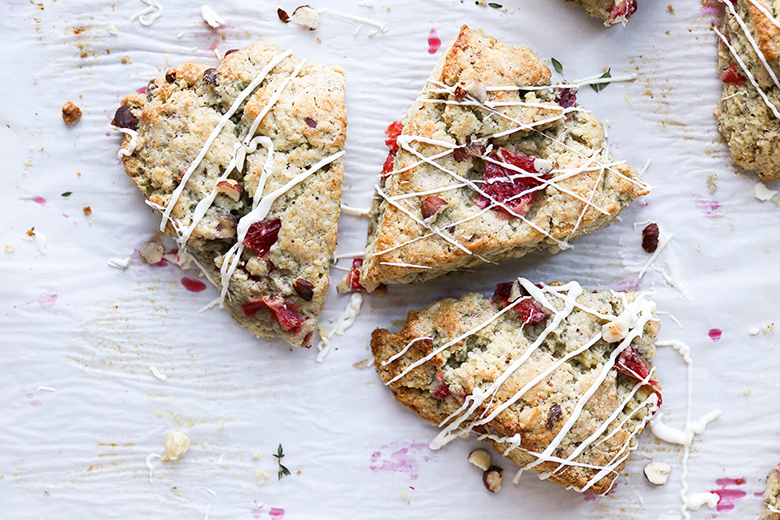 Blood Orange Scones with Hazelnuts, Thyme and White Chocolate Drizzle | www.floatingkitchen.net
