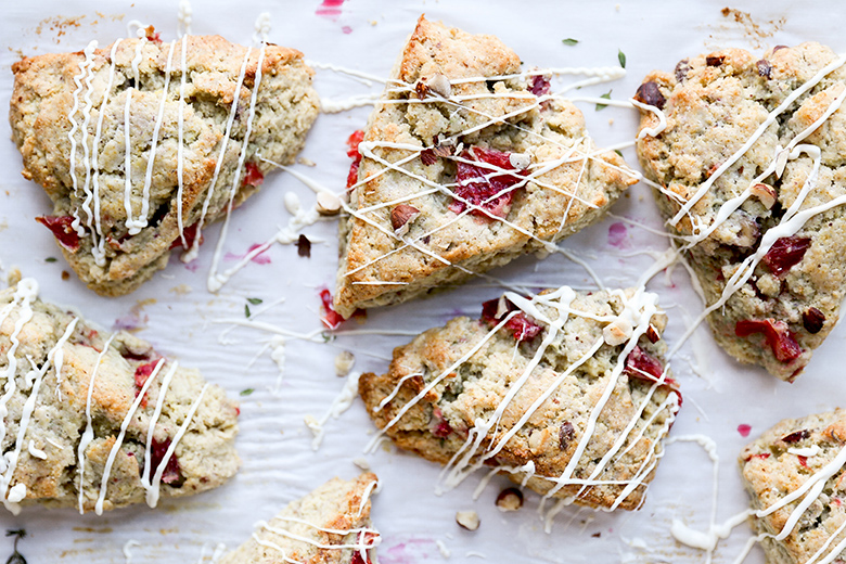 Blood Orange Scones with Hazelnuts, Thyme and White Chocolate Drizzle | www.floatingkitchen.net