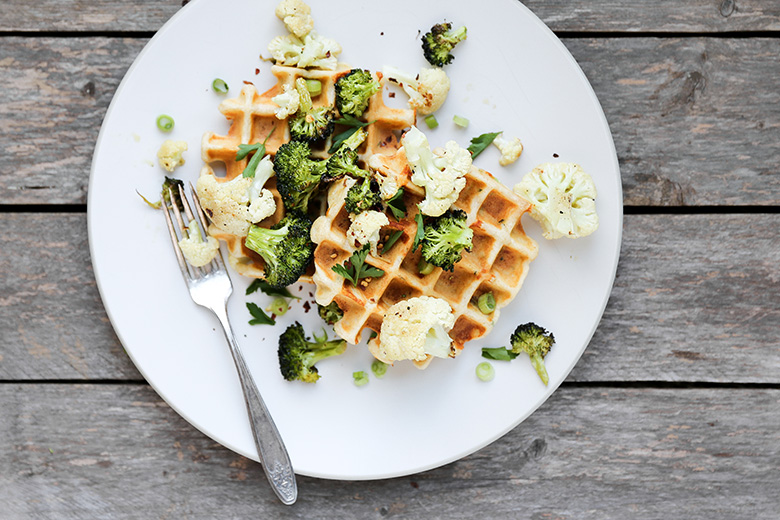 Savory Waffles with Roasted Broccoli and Cauliflower | www.floatingkitchen.net