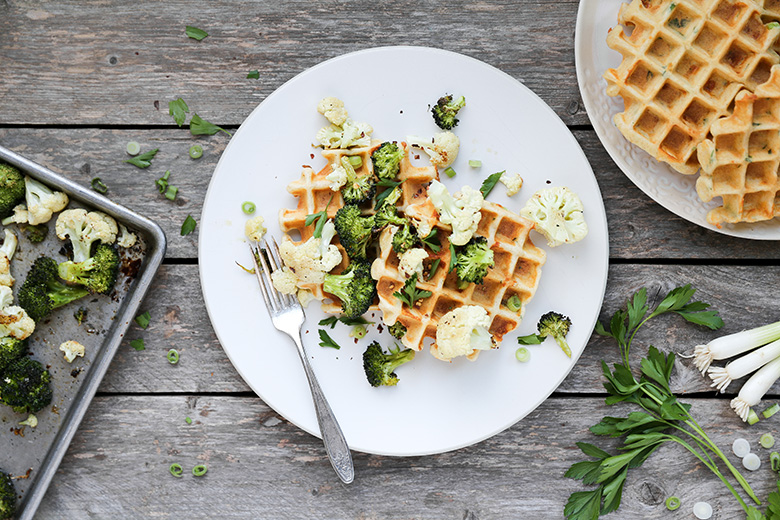 Savory Waffles with Roasted Broccoli and Cauliflower | www.floatingkitchen.net