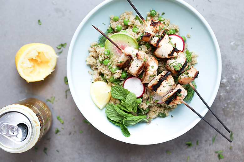 Beer-Marinated Grilled Chicken Skewers with Spring Quinoa Salad | www.floatingkitchen.net