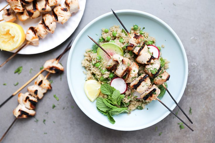 Beer-Marinated Grilled Chicken Skewers with Spring Quinoa Salad