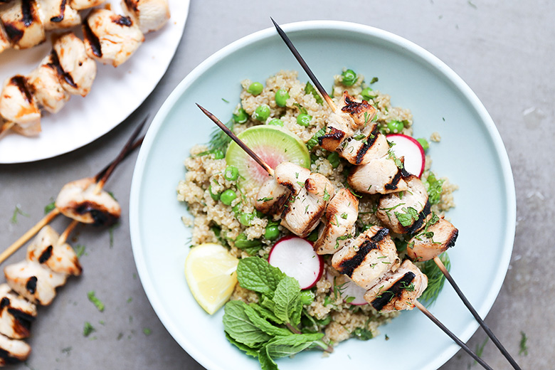 Beer-Marinated Grilled Chicken Skewers with Spring Quinoa Salad | www.floatingkitchen.net