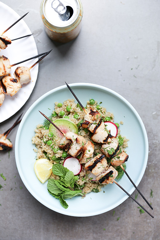 Beer-Marinated Grilled Chicken Skewers with Spring Quinoa Salad | www.floatingkitchen.net