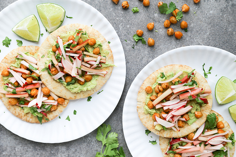 Chickpea and Avocado Pita Tostadas with Rhubarb-Radish Slaw | www.floatingkitchen.net