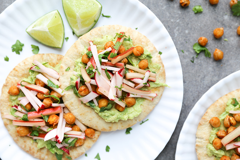 Chickpea and Avocado Pita Tostadas with Rhubarb-Radish Slaw | www.floatingkitchen.net