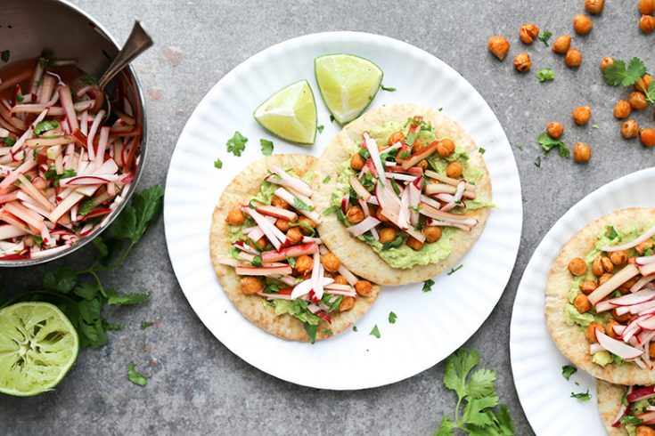 Chickpea and Avocado Pita Tostadas with Rhubarb-Radish Slaw