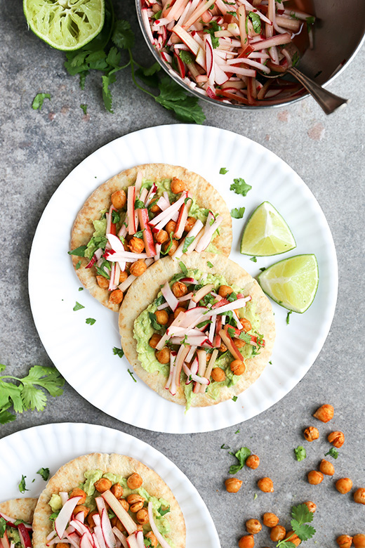 Chickpea and Avocado Pita Tostadas with Rhubarb-Radish Slaw | www.floatingkitchen.net