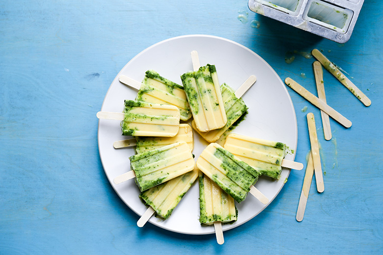 Creamy Coconut Mango Margarita Popsicles with Basil | www.floatingkitchen.net