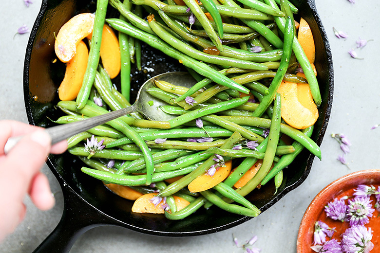 Blistered Green Beans with Apricots and Chive Blossoms | www.floatingkitchen.net