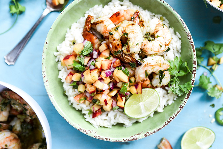 Spicy Grilled Shrimp with Coconut Lime Rice and Peach Salsa | www.floatingkitchen.net