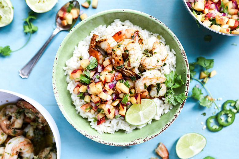 Spicy Grilled Shrimp with Coconut Lime Rice and Peach Salsa | www.floatingkitchen.net
