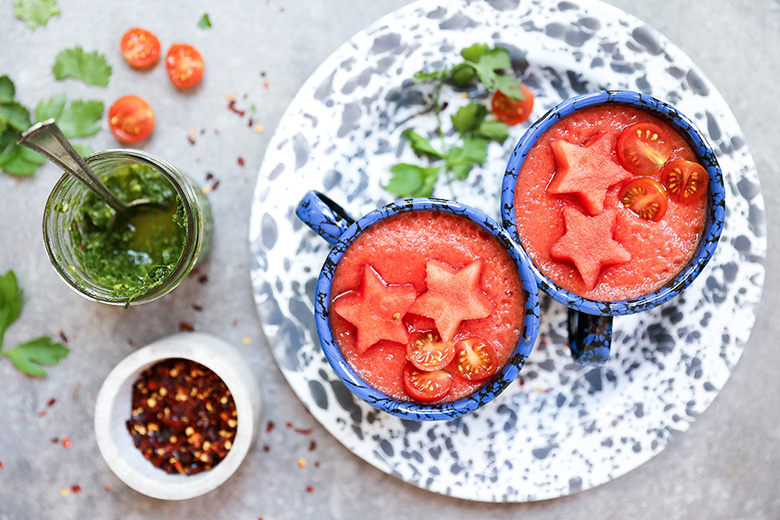 Watermelon and Tomato Gazpacho with Chimichurri Sauce | www.floatingkitchen.net