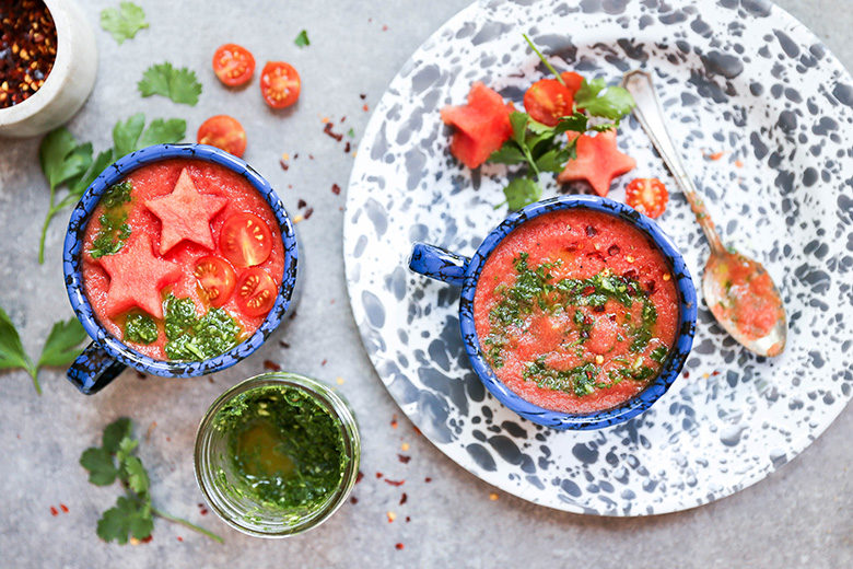 Watermelon and Tomato Gazpacho with Chimichurri Sauce | www.floatingkitchen.net