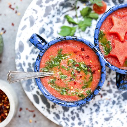 Watermelon and Tomato Gazpacho with Chimichurri Sauce | www.floatingkitchen.net