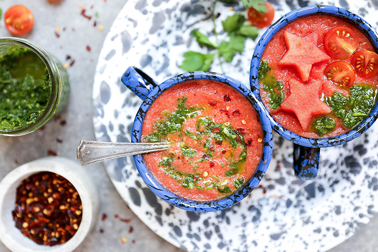 Watermelon and Tomato Gazpacho with Chimichurri Sauce | www.floatingkitchen.net