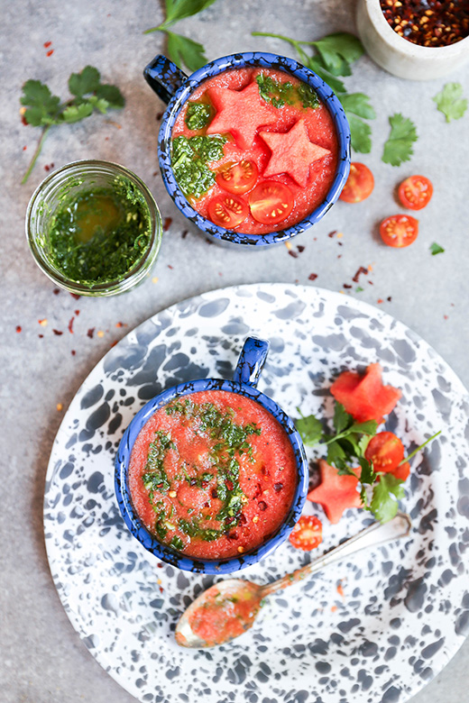 Watermelon and Tomato Gazpacho with Chimichurri Sauce | www.floatingkitchen.net