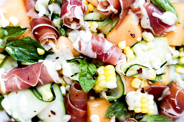 Corn, Zucchini and Cantaloupe Salad with Prosciutto and Fresh Herbs | www.floatingkitchen.net