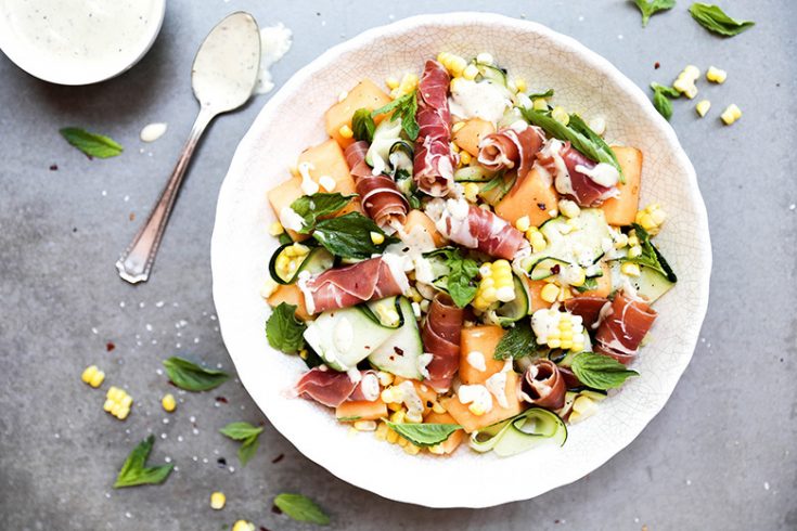 Corn, Zucchini and Cantaloupe Salad with Prosciutto and Fresh Herbs