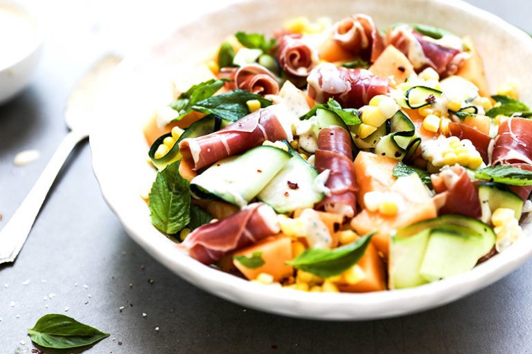 Corn, Zucchini and Cantaloupe Salad with Prosciutto and Fresh Herbs