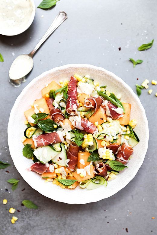 Corn, Zucchini and Cantaloupe Salad with Prosciutto and Fresh Herbs | www.floatingkitchen.net