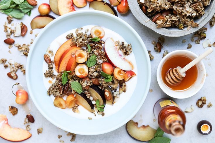 Summer Stone Fruit and Yogurt Breakfast Bowls with Hot Sauce-Honey and Nutty Granola