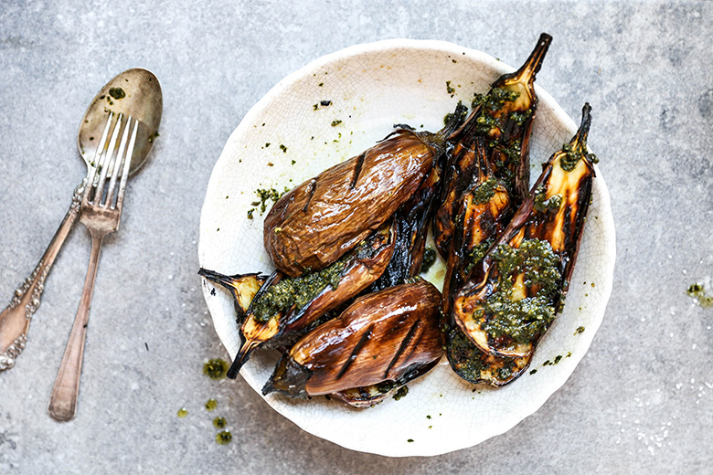 Grilled Eggplant with Goat Cheese Polenta and Basil Pesto | www.floatingkitchen.net