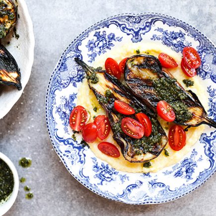 Grilled Eggplant with Goat Cheese Polenta and Basil Pesto | www.floatingkitchen.net