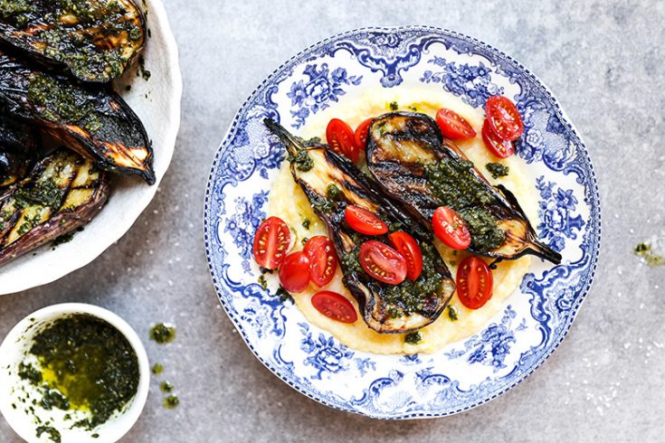 Grilled Eggplant with Goat Cheese Polenta and Basil Pesto